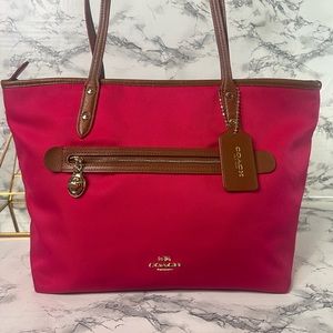 COACH MEDIUM HOT PINK CLOTH TOTE, BROWN STRAP PINK STITCH,RUST ORANGE INTERIOR